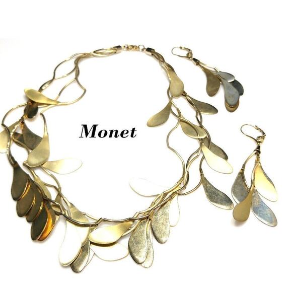 Monet Jewelry - Vintage Monet Three Strand Dangle Necklace Earrings Set, Gold Tone, 1990s